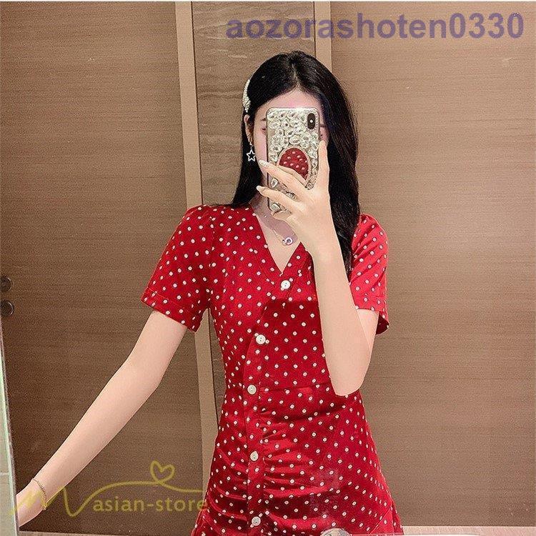 ワンピース レディース ミニ丈 きれいめ 細身 21新作 ドット柄 Vネック おしゃれ カジュアルワンピ エレガント 着痩せ 韓国風 女性着 トレント レトロ風 有名なブランド