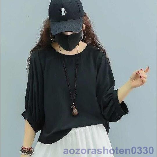 Tシャツ トップス レディース 七分袖 カットソー ゆったり ショート丈 ラウンドネック 春夏 無地 体型カバー 白 ピンク｜aozorashoten0330｜02