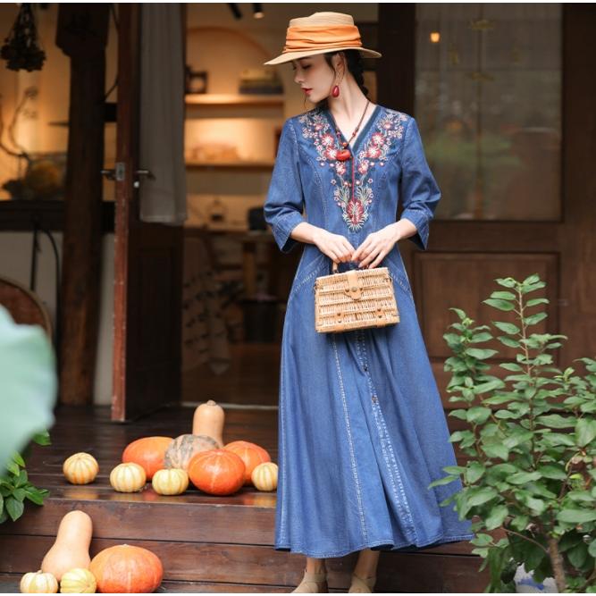 デニムワンピース シャツワンピース ジーンズ ロング丈 デニムワンピース シャツワンピース ジーンズ ロング丈