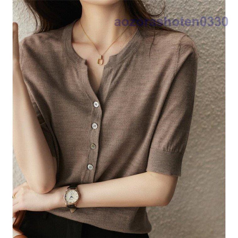 Tシャツ ニット レディース 無地 Ｖネック 半袖 ニットTシャツ サマーニット 着痩せ トップス 夏 洋服