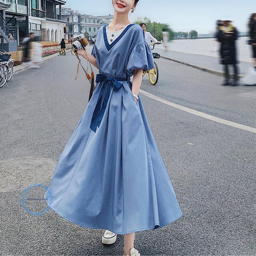 ワンピース ロング 無地パフスリーブ 着痩せ 柔らか 涼しい 半袖