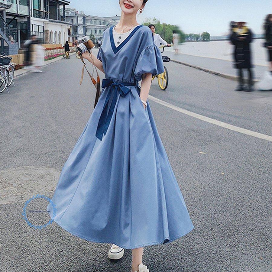 ワンピース ロング 無地パフスリーブ 着痩せ 柔らか 涼しい 半袖