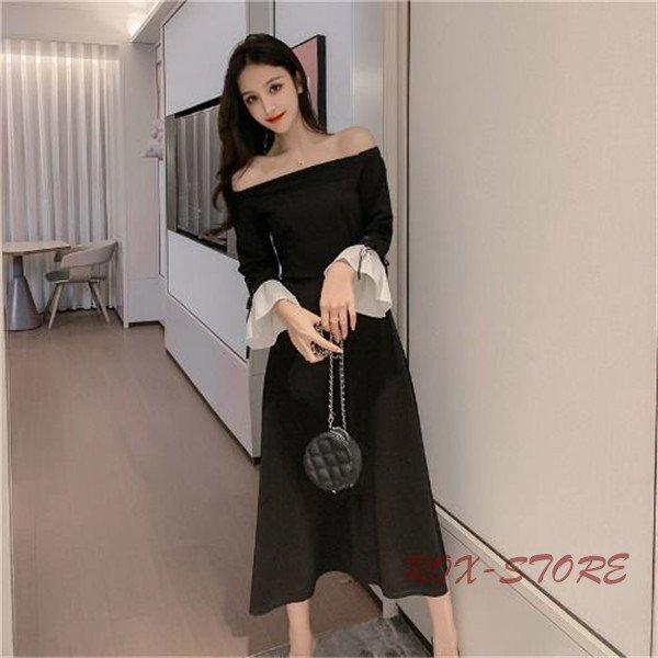 フランス式ドレスオフショルダーボートネックワンピース膝丈フレア袖タイトワンピース結婚式二次会キャバドレス代30代着痩せ おすすめ