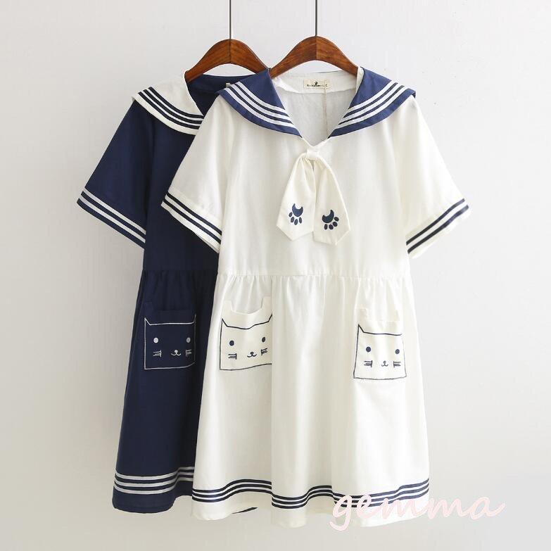 超安い 森ガール マリン セーラー レディース セーラー襟 ワンピース セーラー風 海軍風ワンピース レディース Tシャツ 半袖 猫刺繍柄 ワンピース カラー ホワイト Www Projectcorfu Com