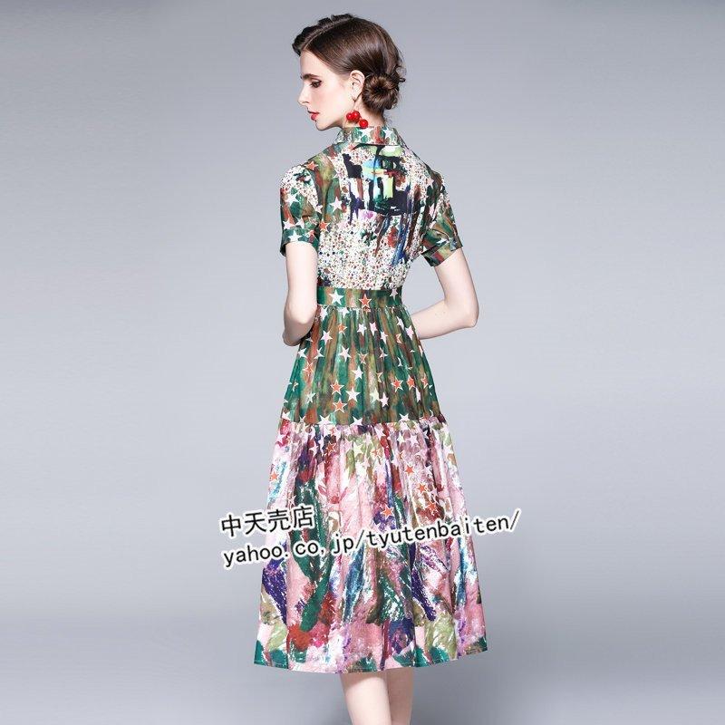 ワンピース レディース 折り襟 マキシワンピース 半袖ワンピース 着痩せ 代 30代 40代 プリント 着痩せ お出かけ 春夏 高級感 リボン 夏 ワンピース 楽天スーパーセール