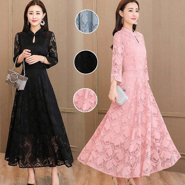 ワンピース レディース 春夏秋 40代 ロング丈 マキシ丈 レース ワンピース 長袖 無地 おしゃれ 通勤 Ol 二次会 最安値挑戦