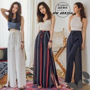 ガウチョパンツ シフォン レディース ワイドパンツ ストライプ柄 スリット ロング丈 長ズボン ボトムス 春夏秋 きれいめ おしゃれ 超安い