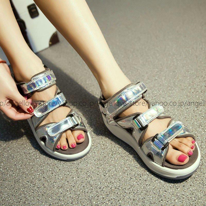 厚底 スポーツサンダル ビーチサンダル マジックテープ レディース 軽量 フラットサンダル シルバー 新作 かわいい 人気が高い