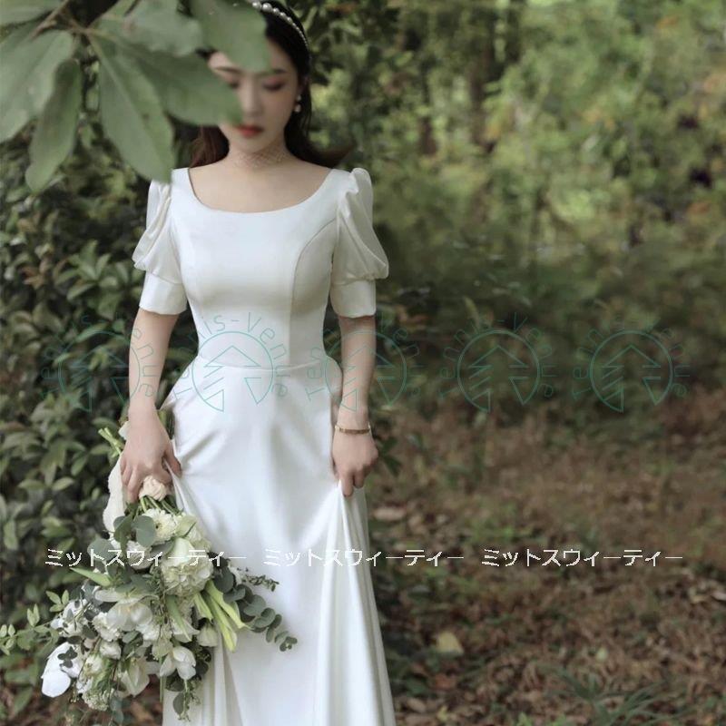 肌触りがいい ロングドレス ウェディングドレス 袖あり 前撮り 花嫁 二次会 ウエディングドレス 結婚式 ブライダル ワンピース 編み上げ ワンピース リゾートドレス サテン 白 Aライン サイズ Xxs Adlinkpublicity Com