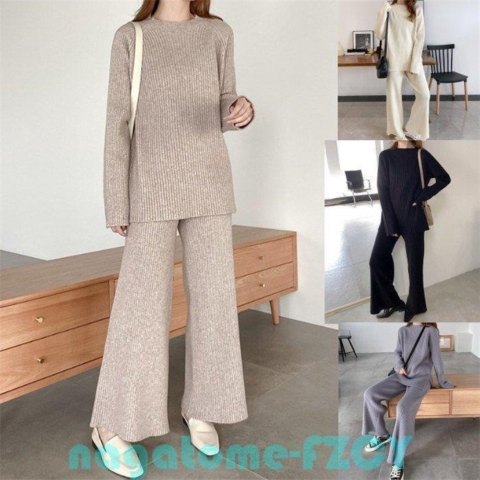 リブニットセットアップ パンツセットアップ ニット レディース 秋 冬 上下セット ニットパンツ ニットセーター ガウチョパンツ ワイドパンツ 30代 40代 人気