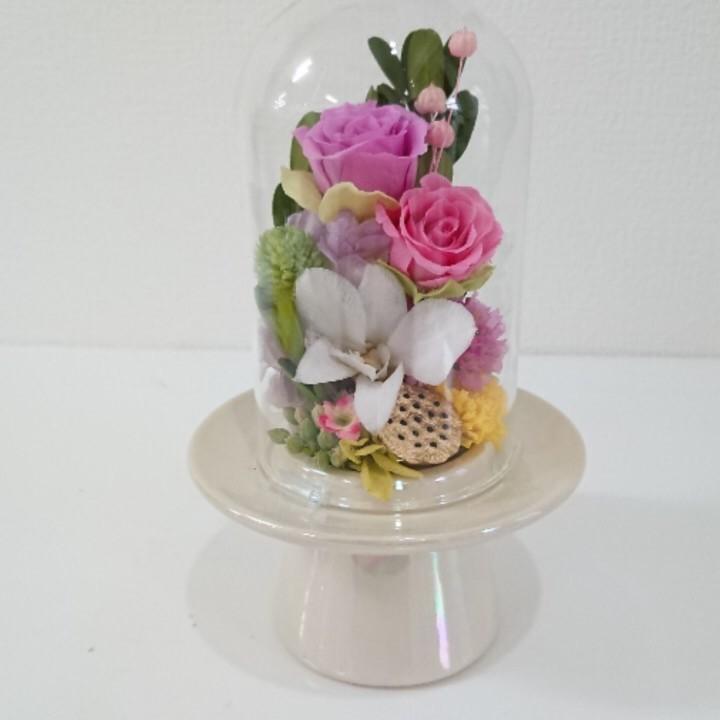 プリザーブドフラワー仏花ミニドームピンク★花 贈り物 供物 お供え お供え花 お悔やみ 花 法事 四十九日法要 命日 喪中見舞い | 