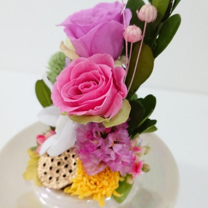 プリザーブドフラワー仏花ミニドームピンク★花 贈り物 供物 お供え お供え花 お悔やみ 花 法事 四十九日法要 命日 喪中見舞い |  | 02