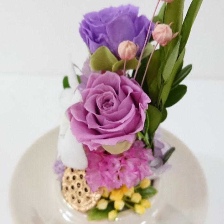 プリザーブドフラワー仏花ミニドームパープル★花 贈り物 供物 お供え お供え花 お悔やみ 花 法事 四十九日法要 命日 喪中見舞い |  | 02