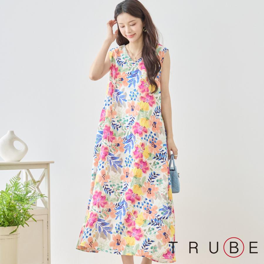 TRUBE ノースリーブフラワープリントロングワンピース【L~LL】ホワイト