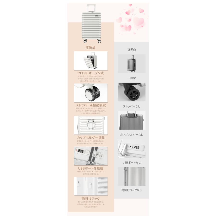スーツケース フロントオープン キャリーケース 機内持ち込み 前開き ストッパー付き S Mサイズ 1-3泊 カップホルダー キャリーバッグ 静音 軽量 旅行 大容量 |  | 07