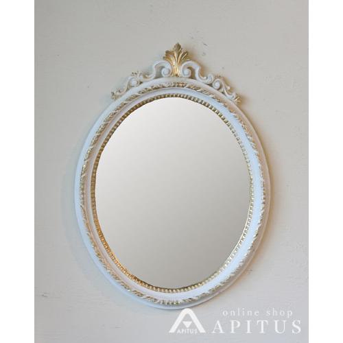 イタリア製の壁掛けオーバルミラー アンティーク風ホワイト 楕円形 ウォール 鏡 ロココ クラシック 輸入 おしゃれ