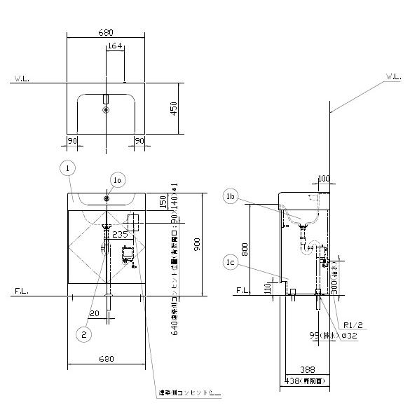 LIXIL L-B450KANY/WW+LF-110SA-MBB ラウンドデッキボウル 床固定タイプ(床排水) 自動混合水栓 100V 水石けん供給栓なし 底板なし 受注生産品_2