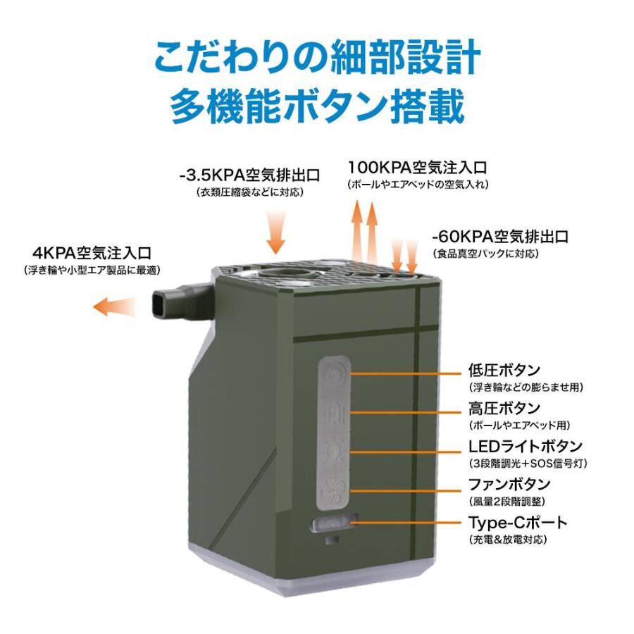 電動ポンプ エアーポンプ  空気入れ 小型 コンパクト 超軽量 11個のノズル 3000mAh大容量 モバイルバッテリー ハンディファン機能付 |  | 14