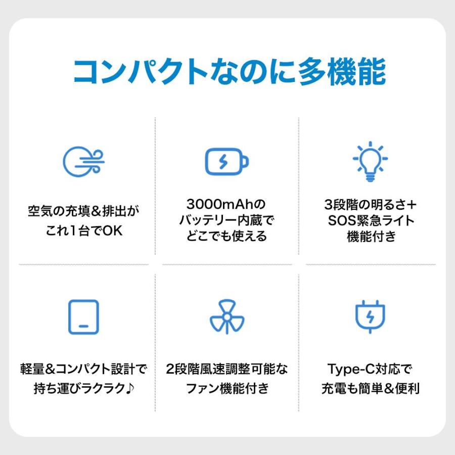 電動ポンプ エアーポンプ  空気入れ 小型 コンパクト 超軽量 11個のノズル 3000mAh大容量 モバイルバッテリー ハンディファン機能付 |  | 01