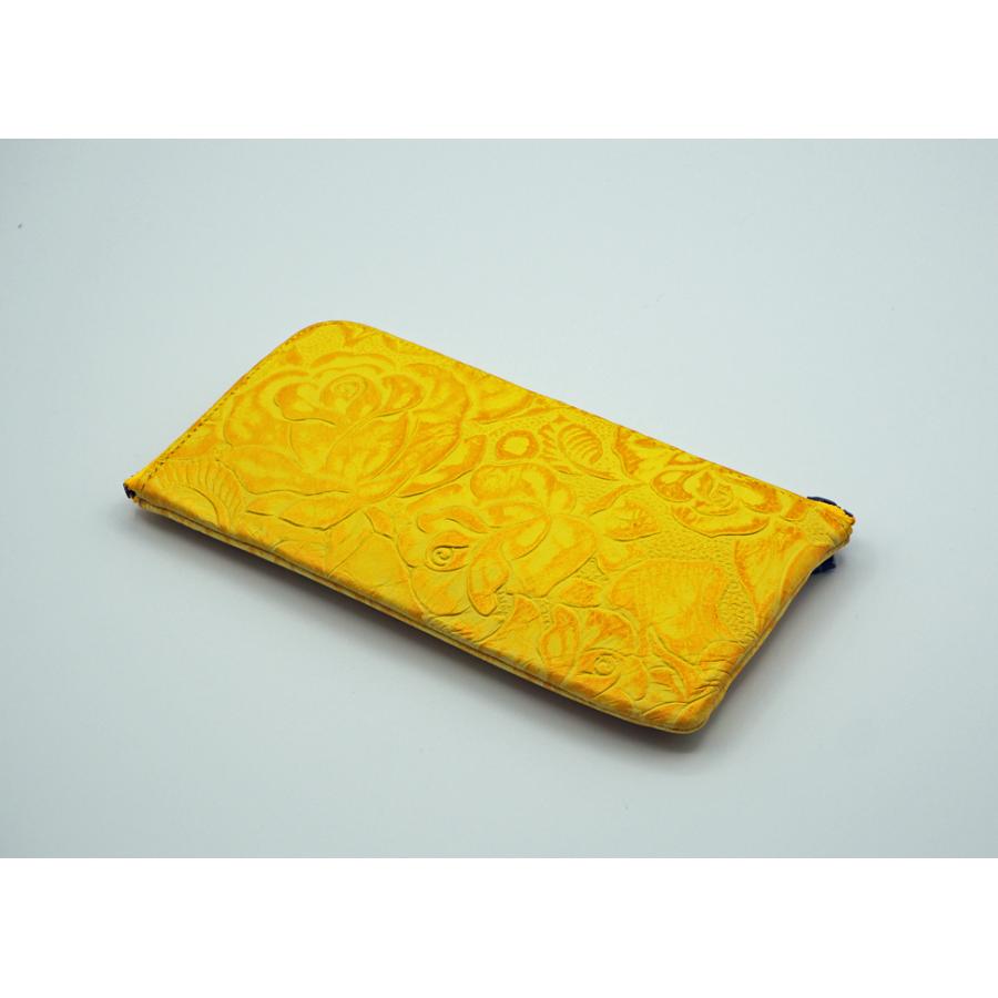 Camellia財布 イエロー エナメルレザー 本革 椿柄 長財布 : アップル