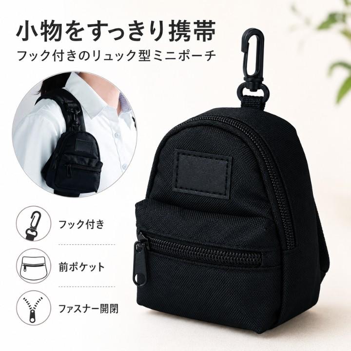 ミニポーチ リュック型 RK263013 フック付き 小物入れ ブラック 前