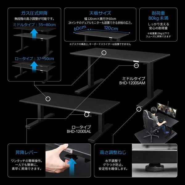 Bauhutte バウヒュッテ ゲーミングデスク 脚部ミドル(脚部のみ 天板は別売) BHD-1200SAM-BK ワンタッチで天板昇降 セミオート ガス圧式 ブラック -メーカー直送-｜applied-net｜02