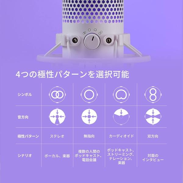 コンデンサーマイク HyperX QuadCast S 防振/耐衝撃 ポップフィルター内蔵 ミュート切替 ゲイン音量調整 RGB発光 ホワイト 519P0AA -お取り寄せ- 【SEIREN】