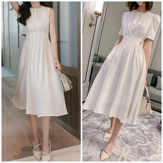 フレアワンピース ミモレ丈 膝下丈 半袖 ノースリーブ フレア 無地 白 ホワイト ウエストマーク ハイウエスト ギャザー 大人可愛い ワンピース 秋 Sagaretxe Net