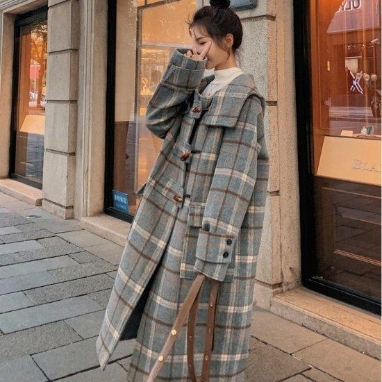 予約販売 チェック柄 レディース ダッフルコート チェックロングコート 可愛い ロングフレア リラックス感 キュート スタンドカラー アウター 秋冬アウター 上品 可愛い ハイネック フード付き オーバーサイズ 冬 コート アウター