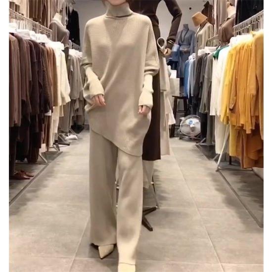 冬服 カットソー トップス ニットパンツ ニットセットアップ セットアップ レディース チュニック アシンメトリー バルーンスリーブ タートルネック セットアップ 珍しい Ahmedmostafa Us