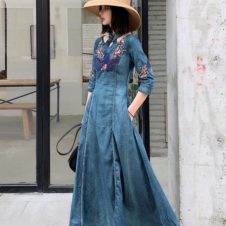 超特価激安 デニム ワンピース マキシ ロング丈 タイト 袖あり 刺繍 民族風 ドレスワンピース レディース ボヘミアン ウエストベルト 7分袖 アジアン 花柄 Af48 Raxia Yahoo 店 通販 Yahoo ショッピング 安い Www Lacuisinedejacjac Fr
