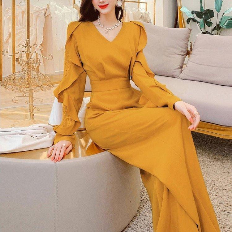 買い物三昧 結婚式 パンツドレス 体型カバー パーティードレス パンツ レディース オールインワン カシュクール ハイウエスト シースルー 袖レース Vネック 長袖 フリル袖 直売超高品質 Ssl Daikyogo Or Jp