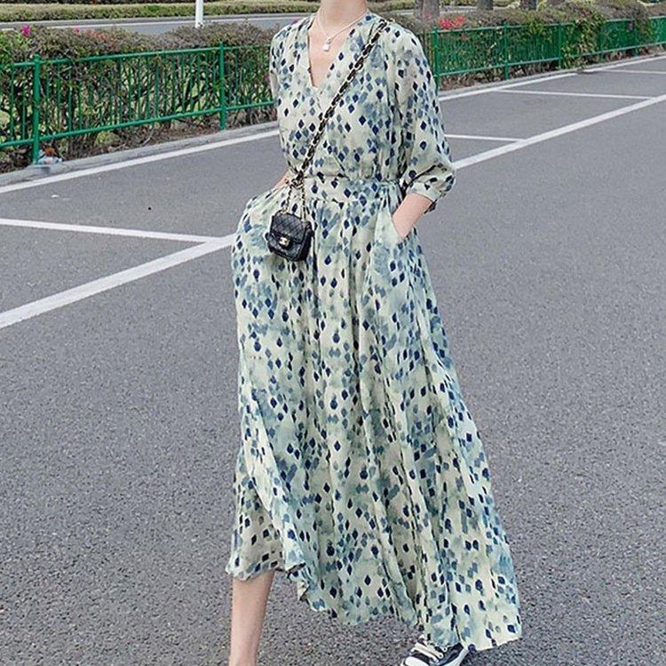 完売 ドット柄 シフォン マキシワンピース 夏 長袖 ロングシャツワンピース カシュクール 7分袖 襟付き Vネック ロングシャツワンピース オーバーシルエット ワンピース サイズ S Kgplast Com