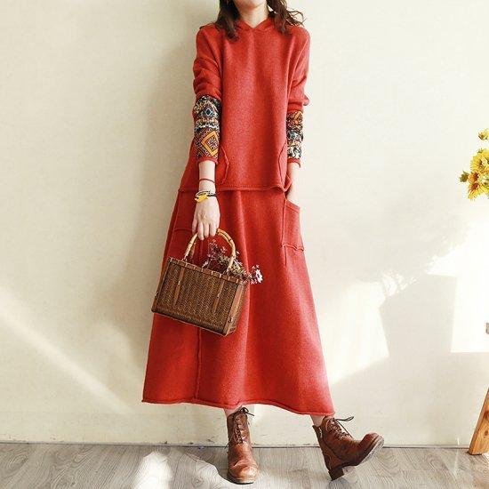 ロングワンピース 森ガール ワンピース 秋冬 セットアップ ロングスカート 長袖 かわいい 30代 40代 ナチュラル カジュアル 赤 黒 茶 Hr606 Raxia Yahoo 店 通販 Yahoo ショッピング