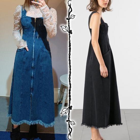 フロントジッパー ポケット デニムワンピース ワイルド デニムワンピ ハイウエスト 前開き ロングワンピース 肩出し 切りっぱなし ジーンズ ショルダ Rx0080 Raxia Yahoo 店 通販 Yahoo ショッピング