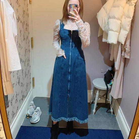 フロントジッパー ポケット デニムワンピース ワイルド デニムワンピ ハイウエスト 前開き ロングワンピース 肩出し 切りっぱなし ジーンズ ショルダ Rx0080 Raxia Yahoo 店 通販 Yahoo ショッピング