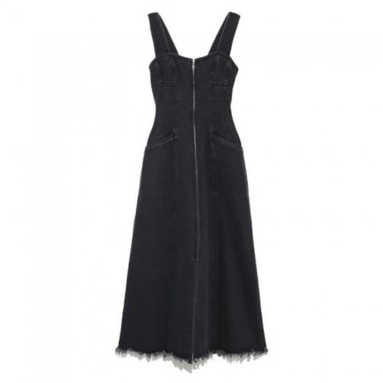 フロントジッパー ポケット デニムワンピース ワイルド デニムワンピ ハイウエスト 前開き ロングワンピース 肩出し 切りっぱなし ジーンズ ショルダ Rx0080 Raxia Yahoo 店 通販 Yahoo ショッピング