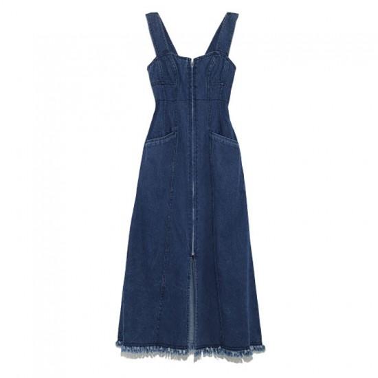 フロントジッパー ポケット デニムワンピース ワイルド デニムワンピ ハイウエスト 前開き ロングワンピース 肩出し 切りっぱなし ジーンズ ショルダ Rx0080 Raxia Yahoo 店 通販 Yahoo ショッピング