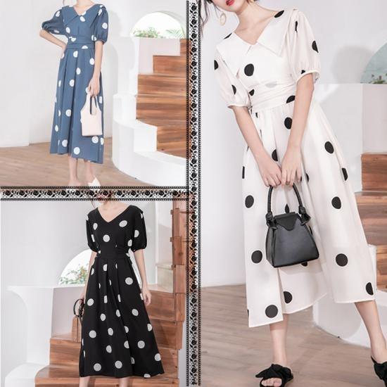 返品 交換対象商品 ロング丈 半袖ワンピース ワンピース レディース マキシ丈 夏服 レトロプリント 水玉 ドレス パーティドレス カラー 白地 黒水玉 Blog Runnics Com