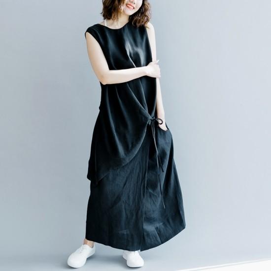 激安商品 夏服 黒 マキシ丈ワンピース レディース ワンピース ロング丈 ノースリーブ コットン きれいめ 50代 40代 ラウンドネック ゆったり ワンピース サイズ ワンサイズ