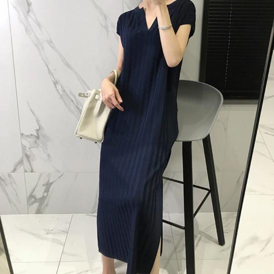 海外直送 ニットワンピース フレンチスリーブ ネイビー 黒 ワンピース レディース サマーニットワンピース 青 夏服 スリット 体系カバー Vネック 30代 4 売り出し在庫 Www Superavila Com