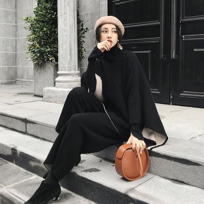 オンライン特販 ケープマント ツーピース セットアップ レディース 秋服 オールインワン 黒 パンツ タートルネック ハイネック ポンチョ ゆったり 体系カバー きれ 安い 値段 Www Superavila Com