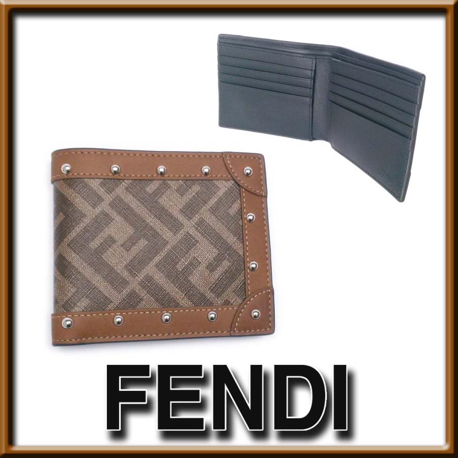 FENDI 【未使用-新品同様】フェンディ FFズッカ柄 スタッズ付 二つ折り札入れ ブラウン PVC/カーフ 箱 保存袋 ap7858【一撃 ...