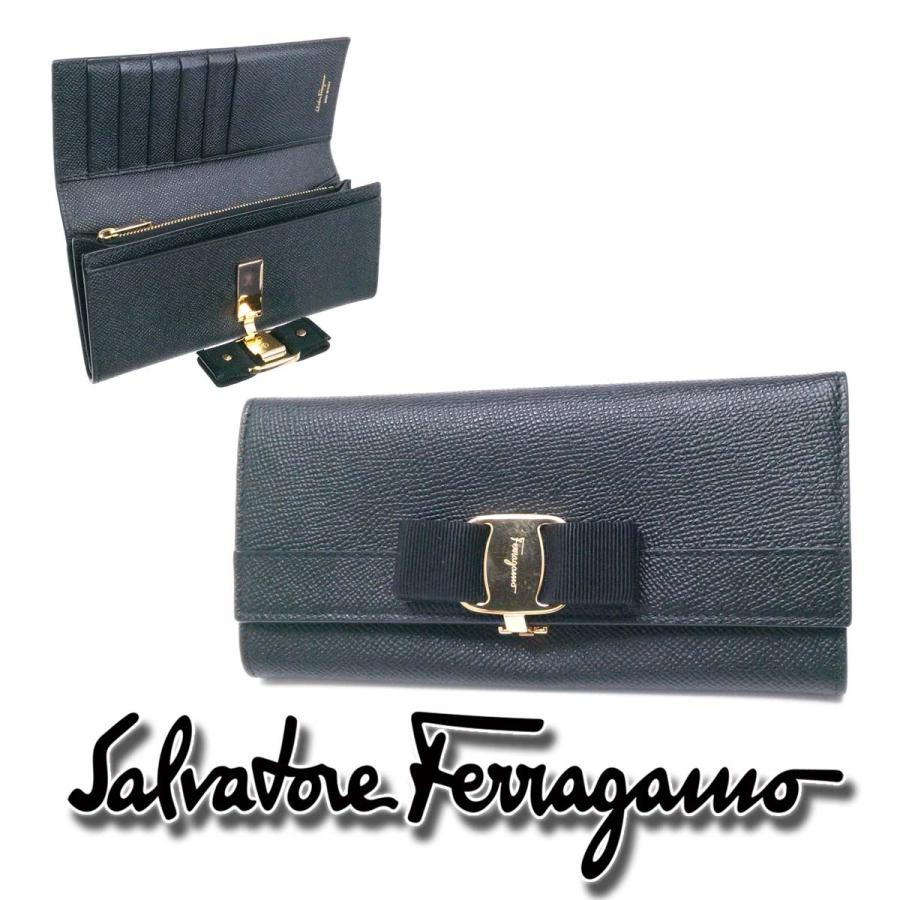 美品】フェラガモ ヴァラ 長財布 黒 レザー リボン ゴールド金具 