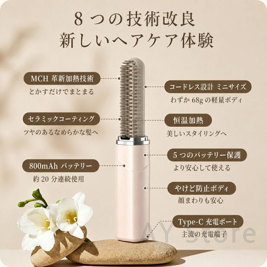2026最新版 コードレスミニストレートコーム  160℃ 180℃ 前髪アイロン  ブラシ型 くし形 ヒートコーム コテ カールアイロン 超ミニ 充電式 ワイヤレス 小型 |  | 01