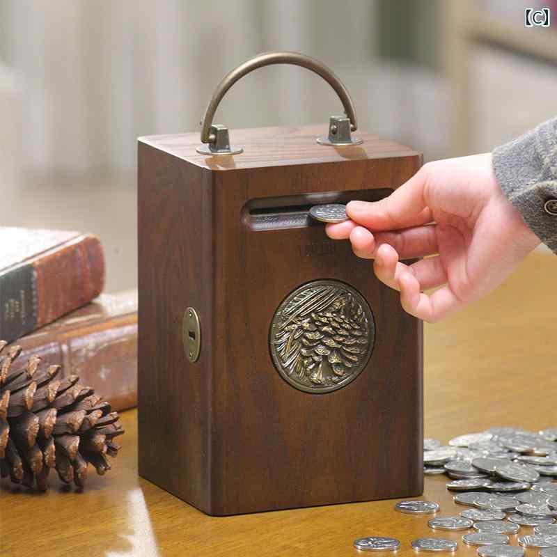 貯金箱 お札 鍵付き 硬貨 男の子 女の子 木製 無垢材 持ち手 大容量 