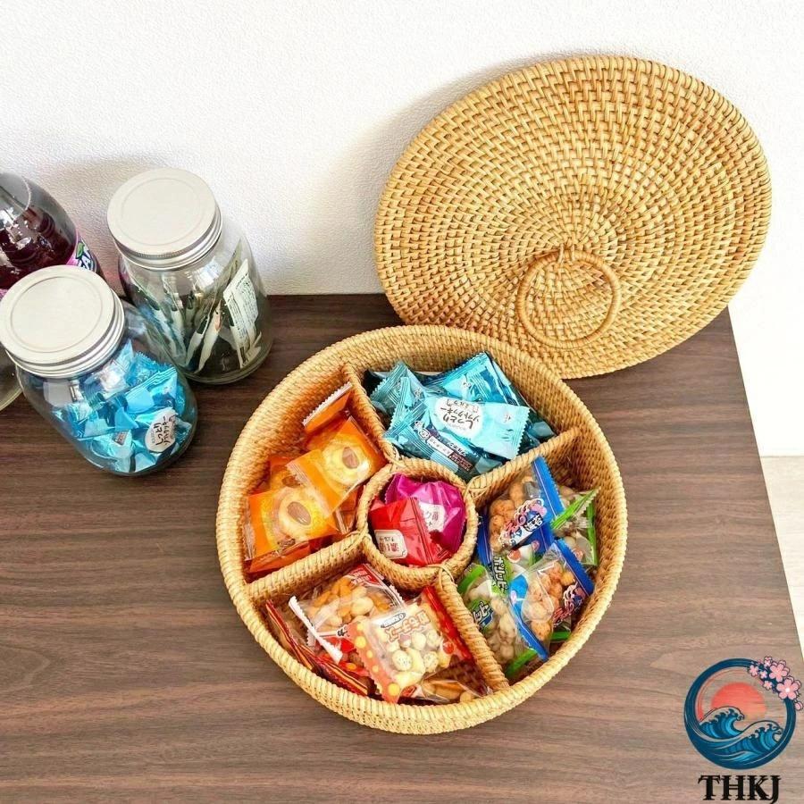 ラタン 間仕切り5分割 バスケット お菓子カゴ カゴバスケット アタバスケット アタカゴ 手作り かご フタ付き おしゃれ 小物入れバスケ_2