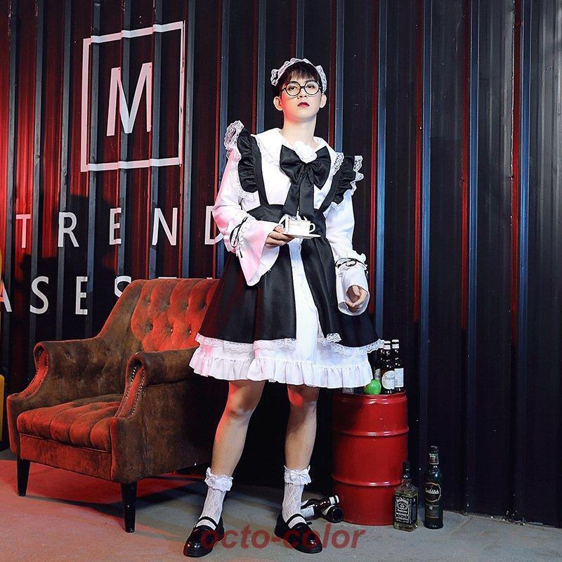 ハロウィン 男メイド服 オネ 男前 メイド服 黒 女装 4点セット 大きいサイズ 女装MAN パーティー 仮装 男の娘 おとこの娘用 ロリータ風 コスプレ 大人