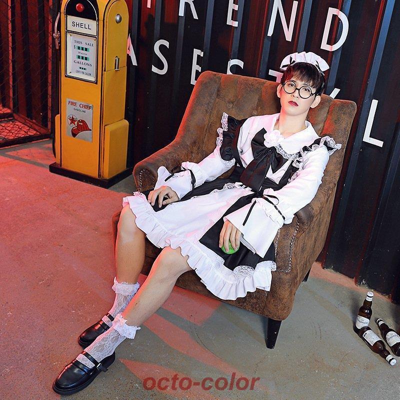 ハロウィン 男メイド服 オネ 男前 メイド服 黒 女装 4点セット 大きいサイズ 女装MAN パーティー 仮装 男の娘 おとこの娘用 ロリータ風 コスプレ 大人