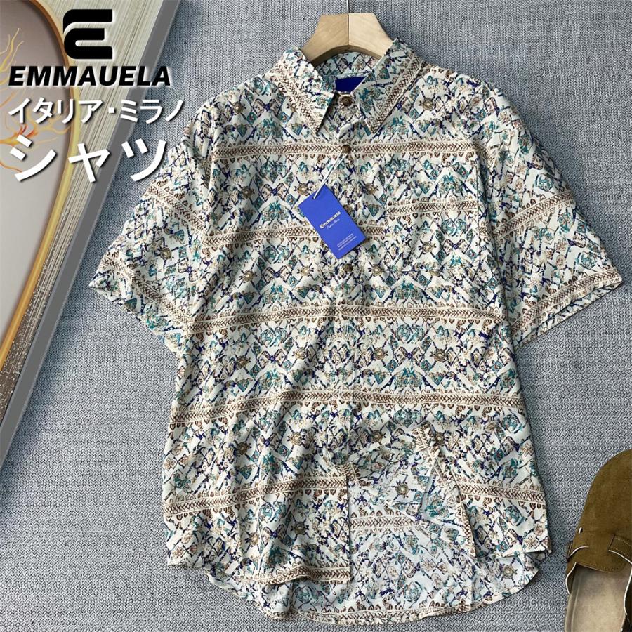 シャツ アロハシャツ 半袖 EU製 Emmauela ミラノ発 シルク混 薄手 爽やか 速乾 接触冷感 個性 総柄 アロハ トップス 開襟シャツ カジュアル ゆったり | ブランド登録なし